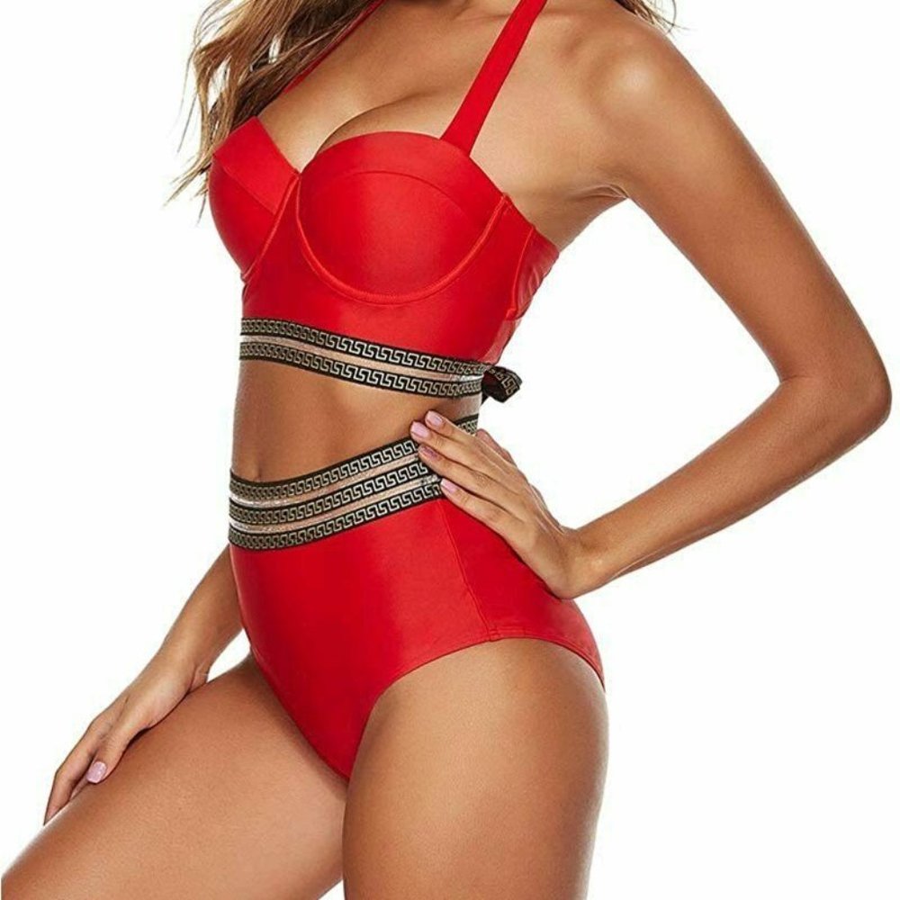 Urchics Womens Retro Halter Two Piece Bikini Set High Waist, Red, Size S(4-6)